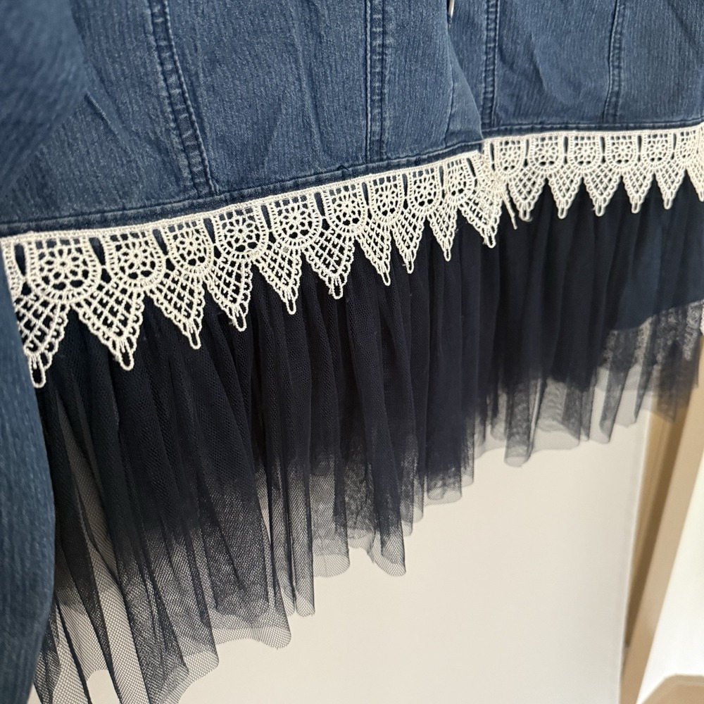 Philosophy Womens XL Blue Denim Floral Appliqué Tulle Denim Jacket - Picture 4 of 9